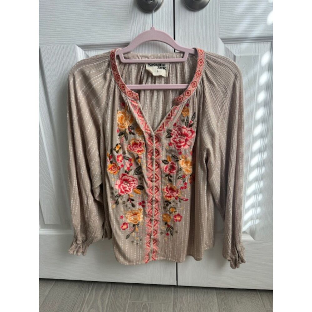 Savanna Jane Bohemian, peasant, embroidered, flowy, feminine blouse, Small.